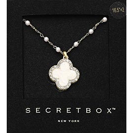 SECRET BOX_14K Gold Dipped Stone Rim Pearly Quatrefoil Pendant Necklace