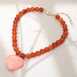 Chunky Marbled Resin Heart Charm Beaded Necklace