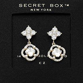 SECRET BOX_14K Gold Dipped CZ Quatrefoil Halo Drop Dangle Earrings