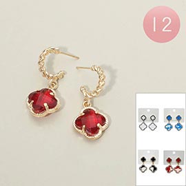 12Pairs - Twisted Hoop Quatrefoil Drop Earrings