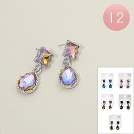 12Pairs - Faceted Rectangle Teardrop Stone Drop Earrings