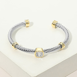 Square CZ Bezel Accent Two Tone Twisted Cable Cuff Bracelet