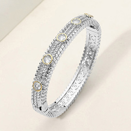 CZ Bezel Station Accent Textured Hinged Bangle Bracelet