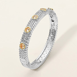 CZ Bezel Station Accent Textured Hinged Bangle Bracelet