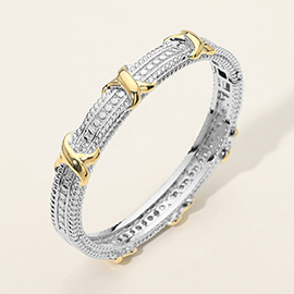Two Tone Crisscross Accent CZ Pave Textured Hinged Bangle Bracelet