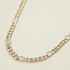 14K Gold Plated Round CZ Bezel Station Chunky Curb Chain Necklace