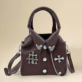 Faux Leather Studded Cross Mini Jacket Crossbody Bag