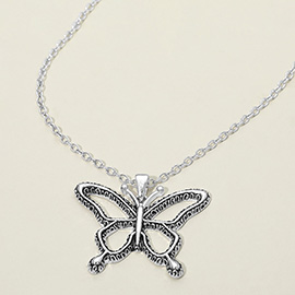 Antique Metal Open Butterfly Pendant Necklace