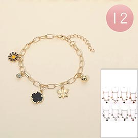12PCS - Flower Butterfly Stone Charm Station Paperclip Chain Bracelets