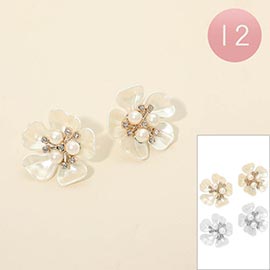 12Pairs - Pearl Floral Earrings