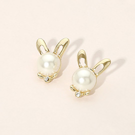 Gold Dipped Pearl Accent Bunny Stud Earrings
