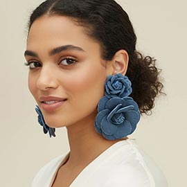 Oversized Fabric Denim Flower Link Drop Statement Earrings