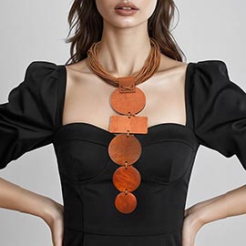 Bold Geometric Wooden Plate Link Drop Multi Cord Strand Statement Necklace