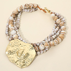 Bold Hammered Abstract Metal Plate Accent Multi Resin Ball Beaded Statement Necklace