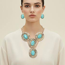 Hammered Center Stone Oval Link Statement Necklace