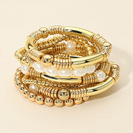 11PCS - Bold Pearl Metal Beaded Stretch Multi Layered Bracelets