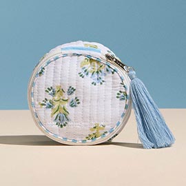 Floral Pattern Quilted Tassel Portable Round Mini Jewelry Box