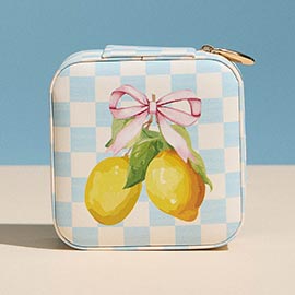 Lemon Bow Print Checkered Portable Square Jewelry Box