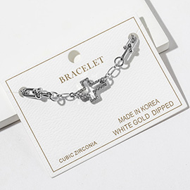 Gold Dipped CZ Pave Open Cross Charm Accent Link Bracelet