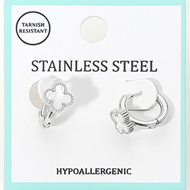 Stainless Steel Quatrefoil Accent Huggie Hoop Earrings
