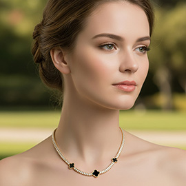 Quatrefoil Charm Station Baguette Cluster Link Necklace