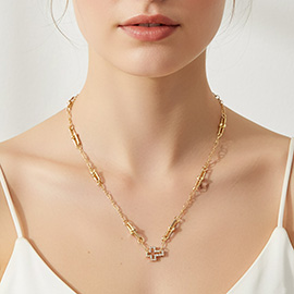 Gold Dipped CZ Pave Open Cross Pendant Industrial Link Chain Necklace