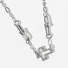 White Gold Dipped CZ Pave Open Cross Pendant Industrial Link Chain Necklace