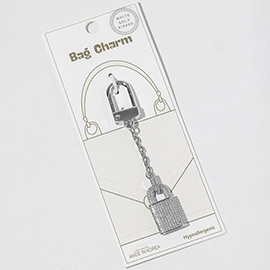 White Gold Dipped CZ Pave Padlock Drop Keychain Bag Charm