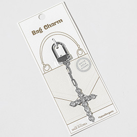 White Gold Dipped CZ Cross Drop Keychain Bag Charm