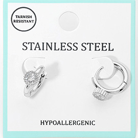 Stainless Steel Round Stone Accent Mini Huggie Hoop Earrings