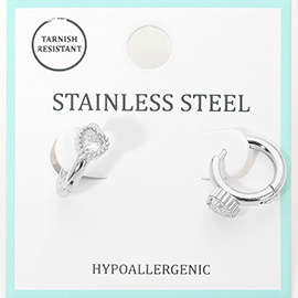 Stainless Steel Heart Stone Accent Mini Huggie Hoop Earrings