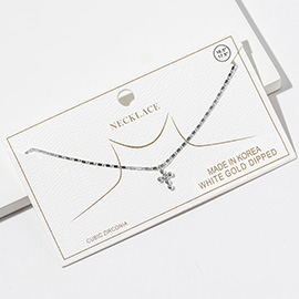 White Gold Dipped CZ Stone Point Mini Cross Pendant Necklace