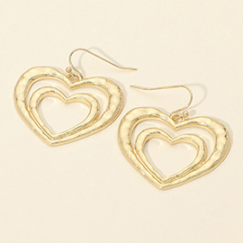 Worn Metal Hammered Double Heart Layered Drop Earrings