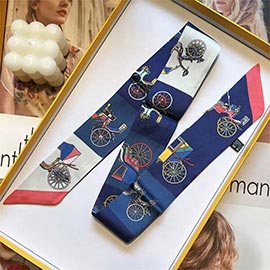 Vintage Bicycle Print Silky Twilly Skinny Scarf