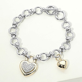 14K Gold Plated Two Tone CZ Pave Heart Charm Link Toggle Bracelet
