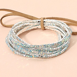 12PCS - Ribbon Colorful Rhinestone Layered Stretch Bracelets