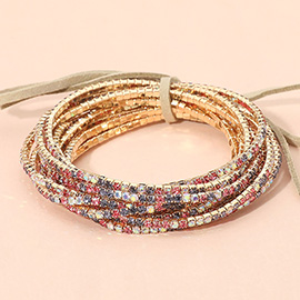 12PCS - Ribbon Colorful Rhinestone Layered Stretch Bracelets