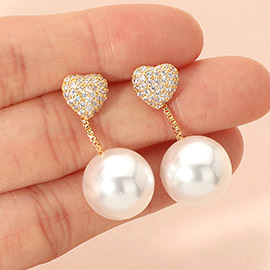 CZ Pave Heart Accent Pearl Drop Earrings