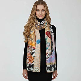 Ornate Elephant Motif Printed Oblong Silky Satin Scarf Shawl
