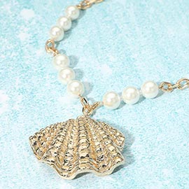 Textured Sea Shell Pendant Accent Pearl Chain Necklace