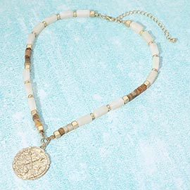 Textured Zodiac Coin Pendant Beaded Necklace
