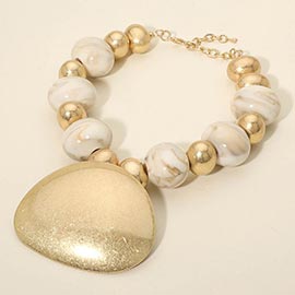 Bold Metal Plate Accent Chunky Resin Ball Beaded Statement Necklace