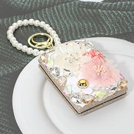 Floral Rhinestone Embellished Rectangle Cosmetic Mirrors Keychain Bag Charm