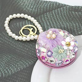Floral Rhinestone Embellished Round Cosmetic Mirrors Keychain Bag Charm