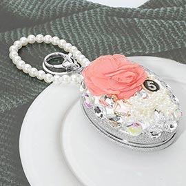 Floral Rhinestone Embellished Oval Cosmetic Mirrors Keychain Bag Charm