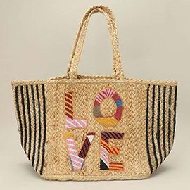 LOVE Patchwork Motif Embellished Straw Woven Shoulder Tote Bag