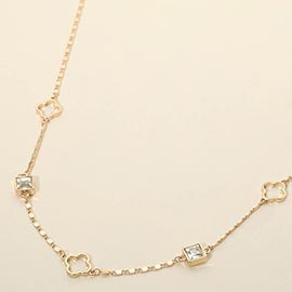 Quatrefoil Square Stone Bezel Charm Station Necklace