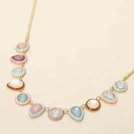 Teardrop Round Stone Charm Station Necklace