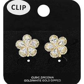 Gold Dipped CZ Flower Clip On Earrings