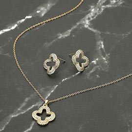 Stainless Steel Stone Pave Open Quatrefoil Pendant Necklace